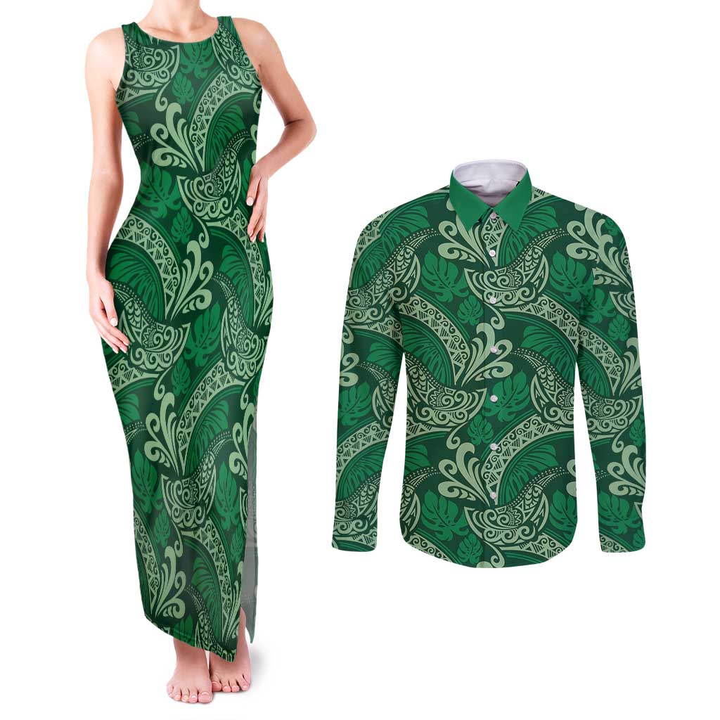Forest Green Monstera Couples Matching Tank Maxi Dress and Long Sleeve Button Shirt Polynesian Tribal Pattern - Polynesian Pride