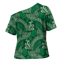 Forest Green Monstera Cross Shoulder Shirt Polynesian Tribal Pattern - Polynesian Pride