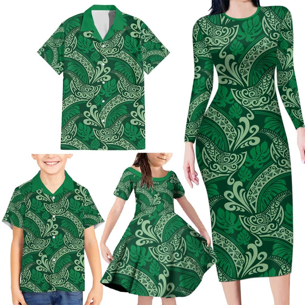Forest Green Monstera Family Matching Long Sleeve Bodycon Dress and Hawaiian Shirt Polynesian Tribal Pattern - Polynesian Pride