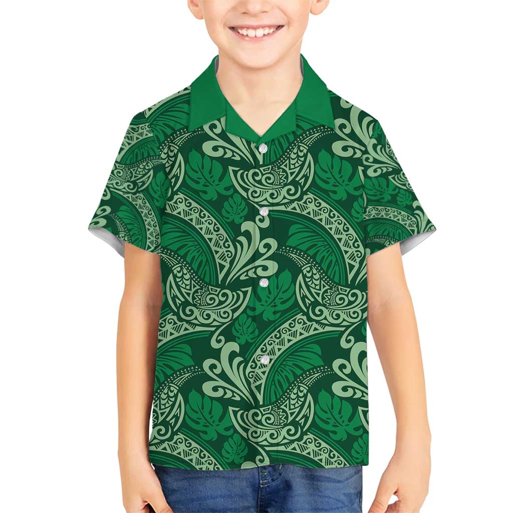 Forest Green Monstera Family Matching Long Sleeve Bodycon Dress and Hawaiian Shirt Polynesian Tribal Pattern - Polynesian Pride