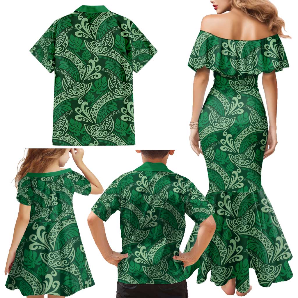 Forest Green Monstera Family Matching Mermaid Dress and Hawaiian Shirt Polynesian Tribal Pattern - Polynesian Pride