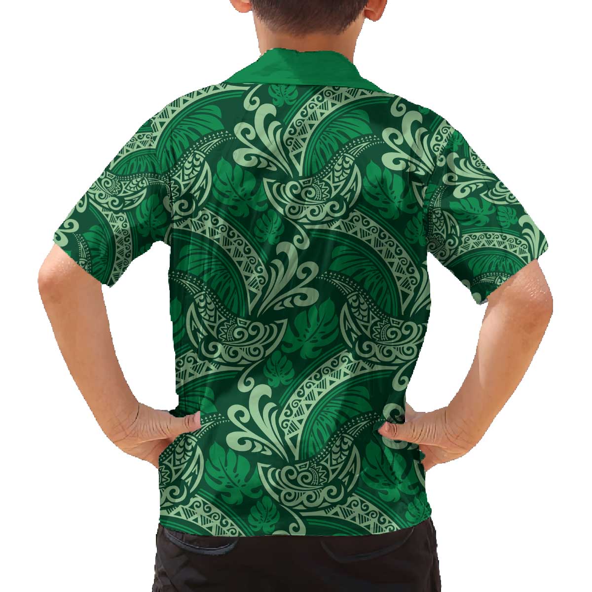 Forest Green Monstera Family Matching Off The Shoulder Long Sleeve Dress and Hawaiian Shirt Polynesian Tribal Pattern - Polynesian Pride