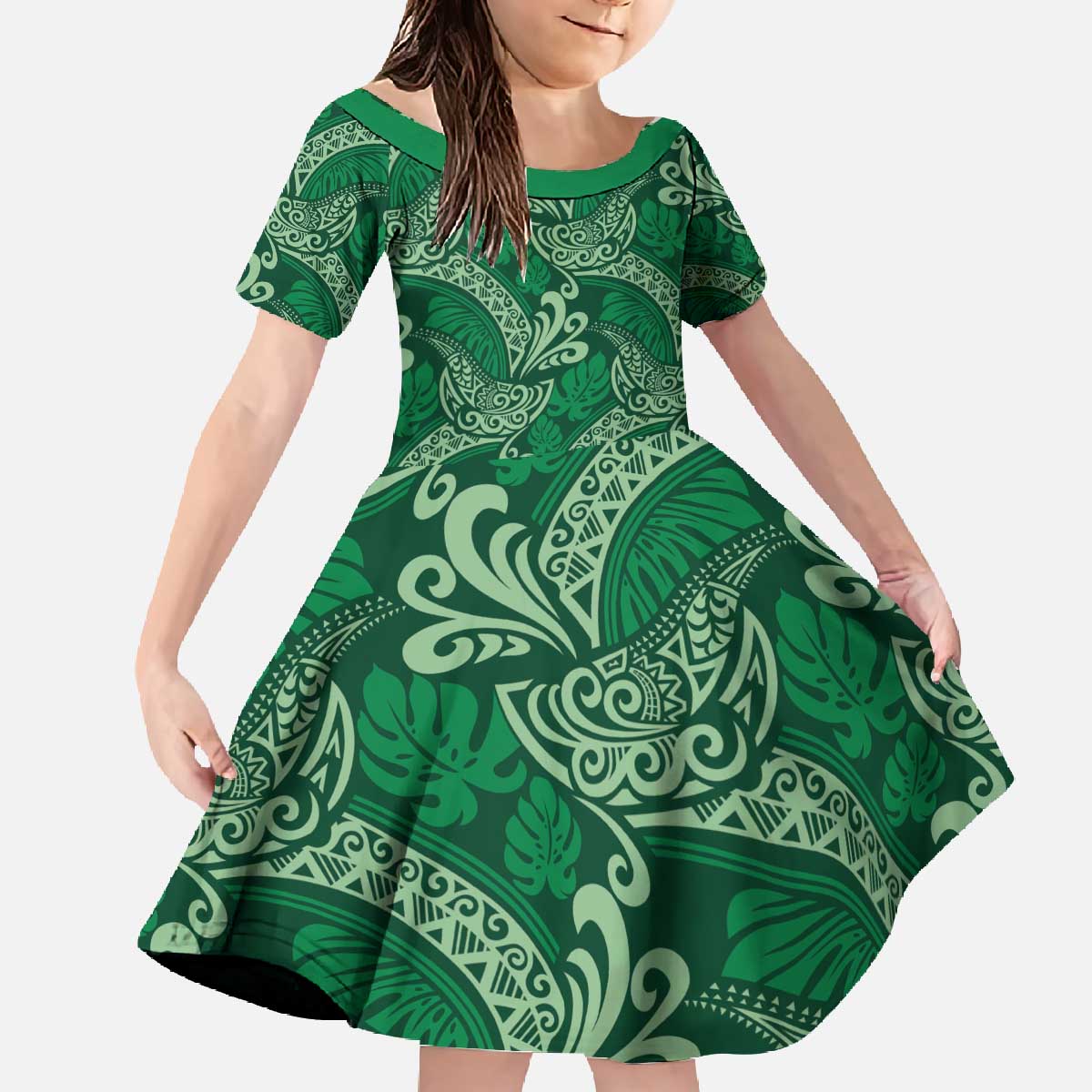 Forest Green Monstera Family Matching Off The Shoulder Long Sleeve Dress and Hawaiian Shirt Polynesian Tribal Pattern - Polynesian Pride