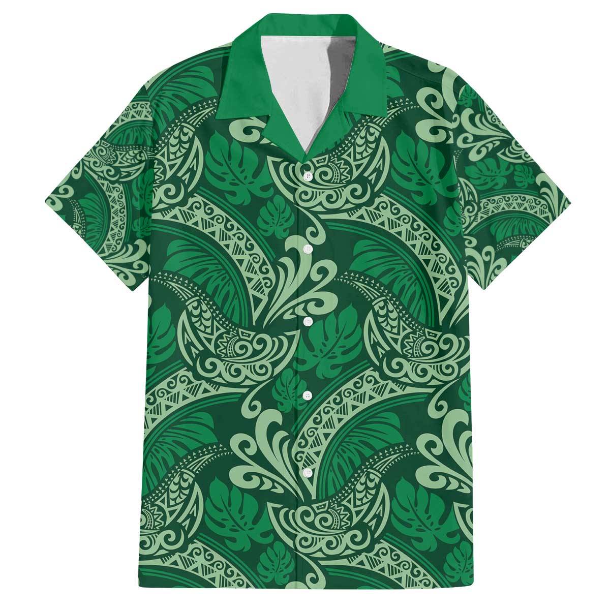 Forest Green Monstera Family Matching Off The Shoulder Long Sleeve Dress and Hawaiian Shirt Polynesian Tribal Pattern - Polynesian Pride