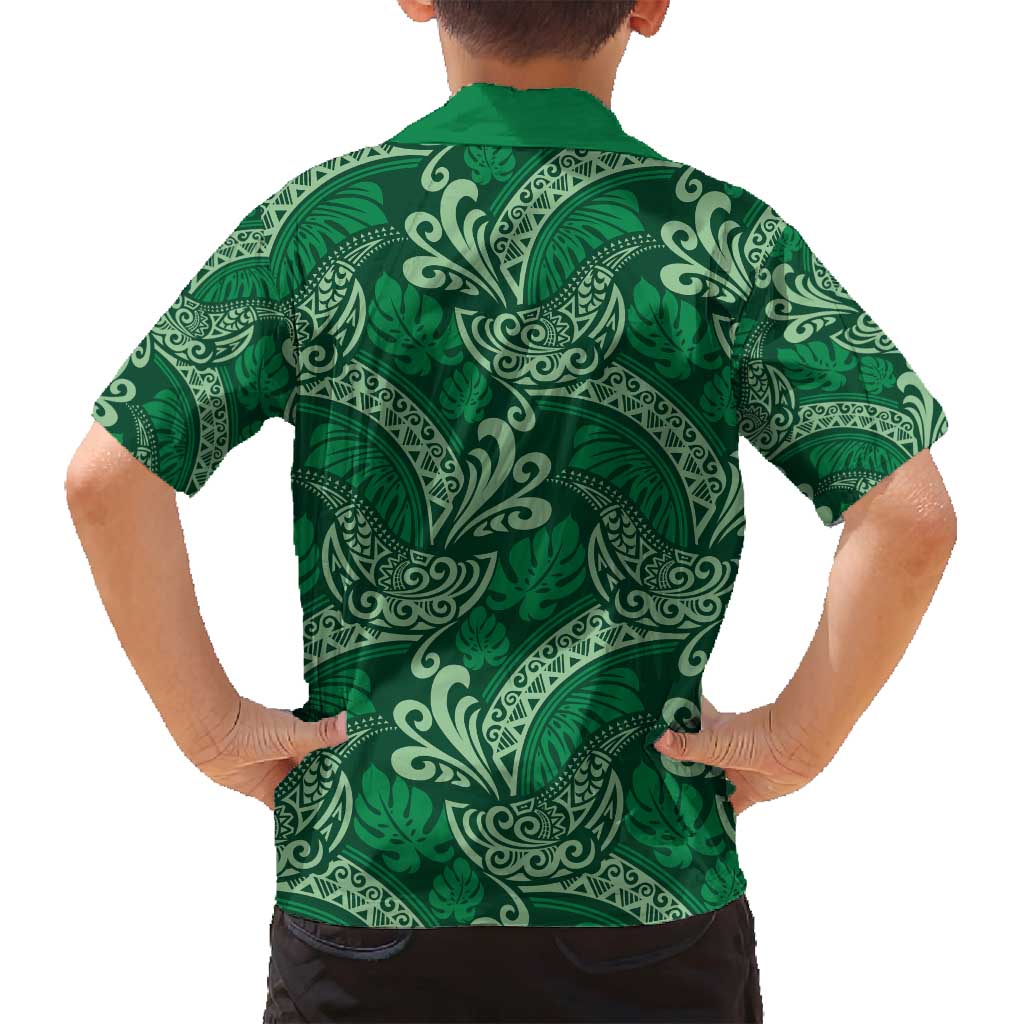 Forest Green Monstera Family Matching Off Shoulder Maxi Dress and Hawaiian Shirt Polynesian Tribal Pattern - Polynesian Pride