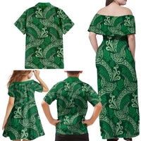Forest Green Monstera Family Matching Off Shoulder Maxi Dress and Hawaiian Shirt Polynesian Tribal Pattern - Polynesian Pride