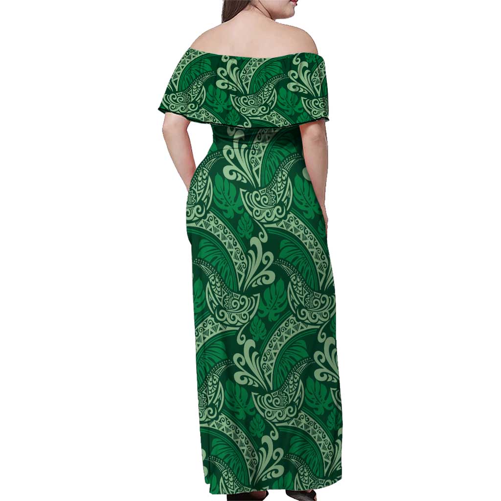 Forest Green Monstera Family Matching Off Shoulder Maxi Dress and Hawaiian Shirt Polynesian Tribal Pattern - Polynesian Pride
