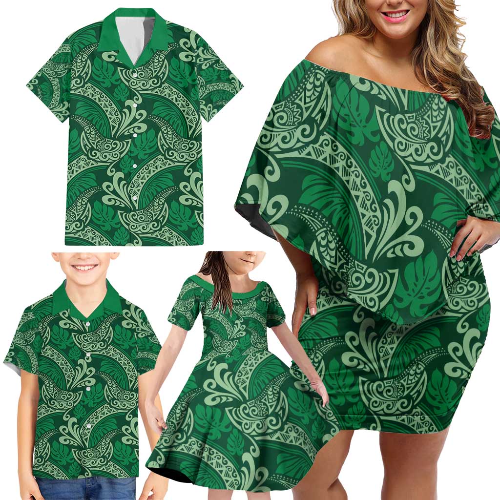 Forest Green Monstera Family Matching Off Shoulder Short Dress and Hawaiian Shirt Polynesian Tribal Pattern - Polynesian Pride