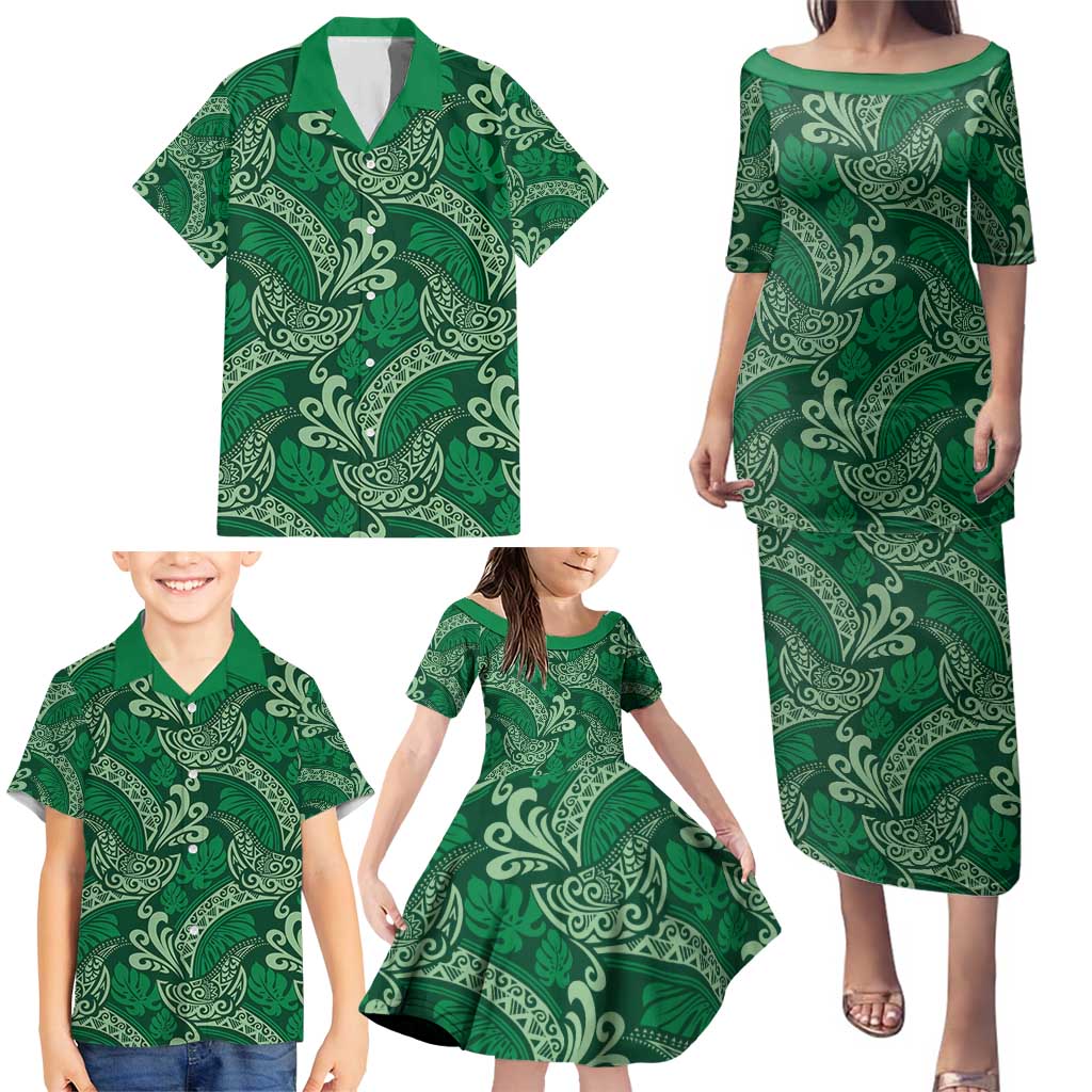 Forest Green Monstera Family Matching Puletasi and Hawaiian Shirt Polynesian Tribal Pattern - Polynesian Pride