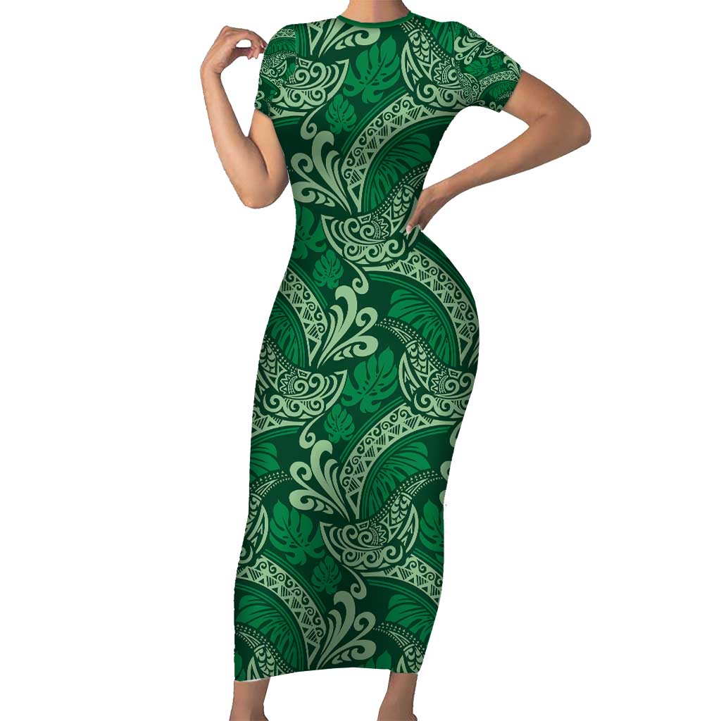Forest Green Monstera Family Matching Short Sleeve Bodycon Dress and Hawaiian Shirt Polynesian Tribal Pattern - Polynesian Pride