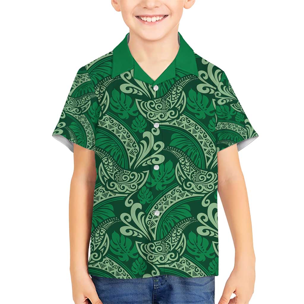 Forest Green Monstera Family Matching Short Sleeve Bodycon Dress and Hawaiian Shirt Polynesian Tribal Pattern - Polynesian Pride