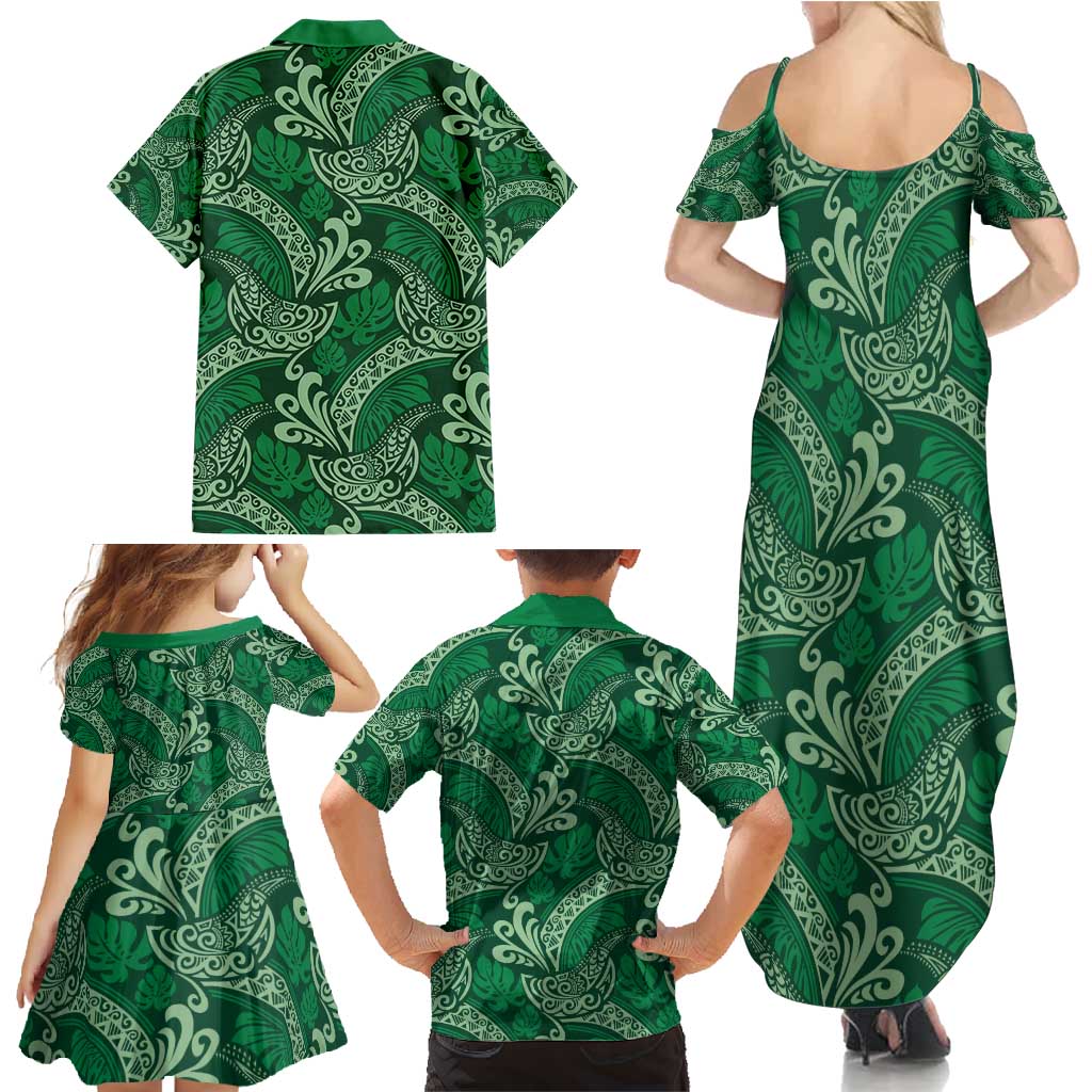Forest Green Monstera Family Matching Summer Maxi Dress and Hawaiian Shirt Polynesian Tribal Pattern - Polynesian Pride