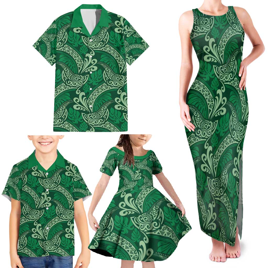 Forest Green Monstera Family Matching Tank Maxi Dress and Hawaiian Shirt Polynesian Tribal Pattern - Polynesian Pride