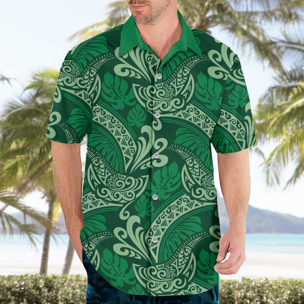 Forest Green Monstera Hawaiian Shirt Polynesian Tribal Pattern - Polynesian Pride