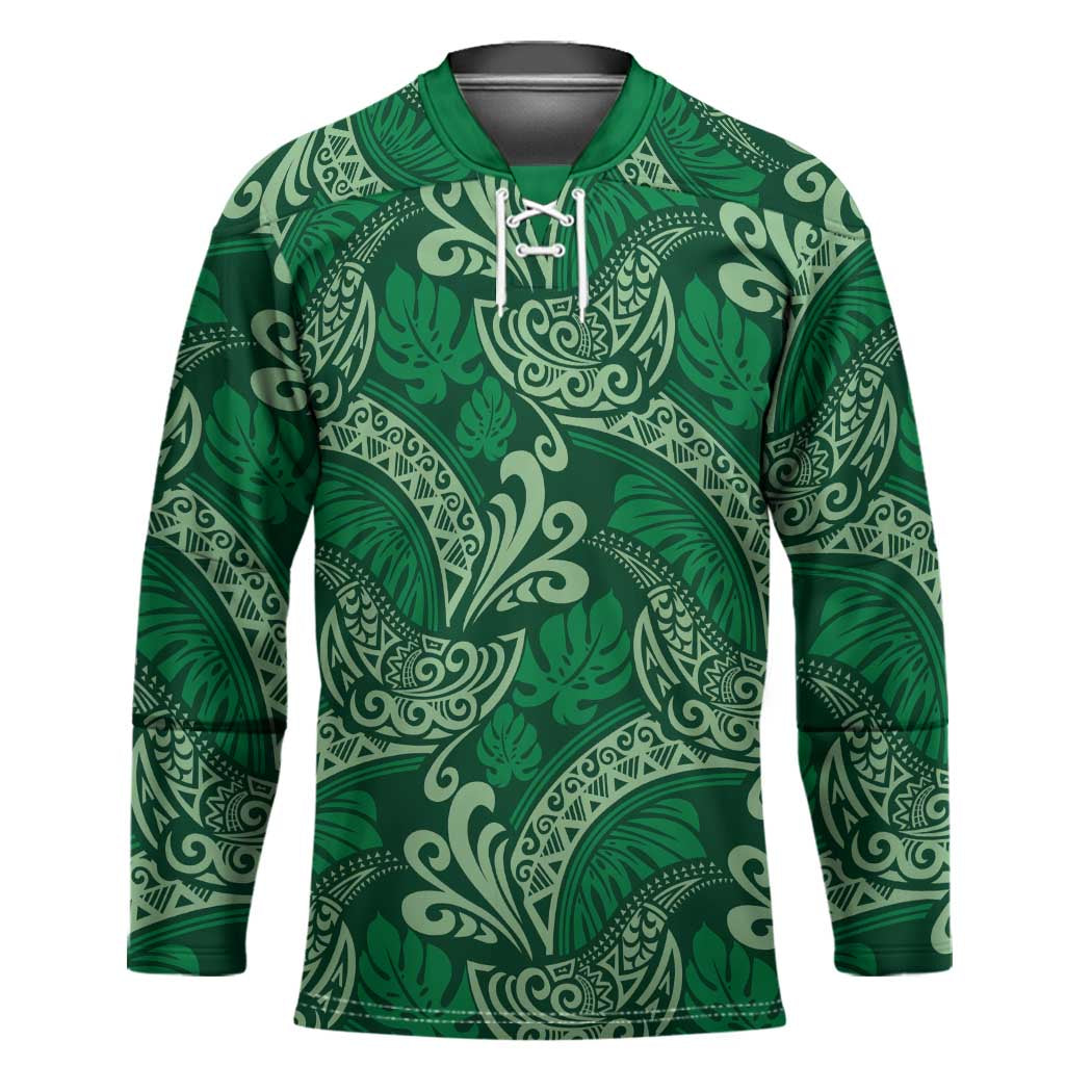 Forest Green Monstera Hockey Jersey Polynesian Tribal Pattern - Polynesian Pride