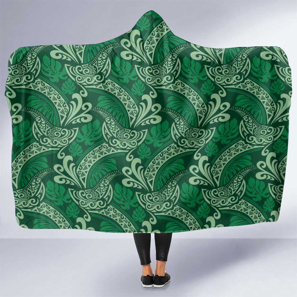 Forest Green Monstera Hooded Blanket Polynesian Tribal Pattern - Polynesian Pride