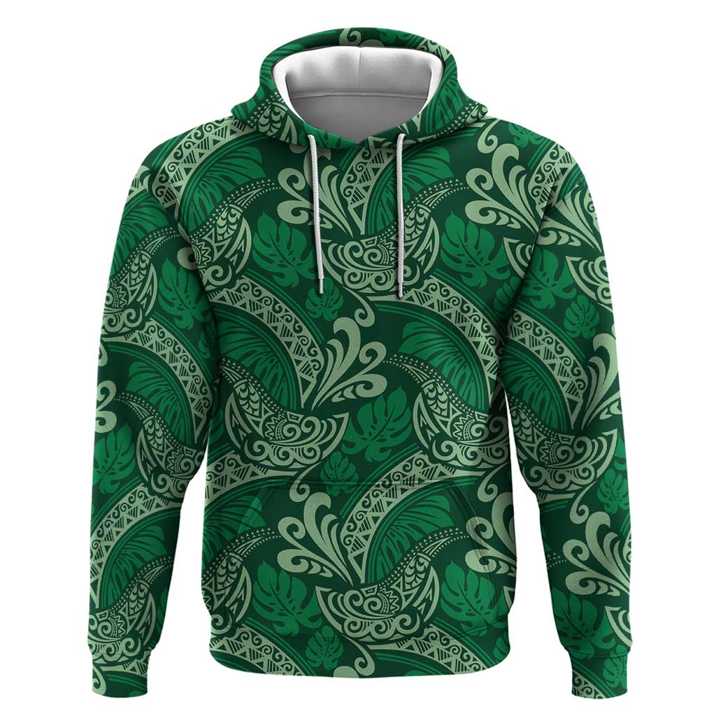 Forest Green Monstera Hoodie Polynesian Tribal Pattern - Polynesian Pride