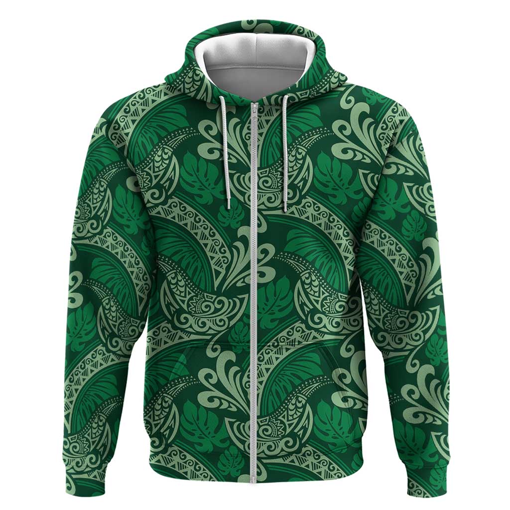 Forest Green Monstera Hoodie Polynesian Tribal Pattern - Polynesian Pride