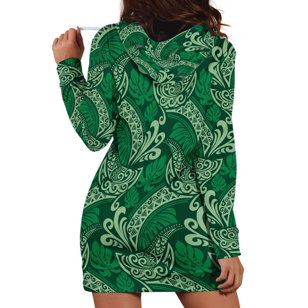 Forest Green Monstera Hoodie Dress Polynesian Tribal Pattern - Polynesian Pride