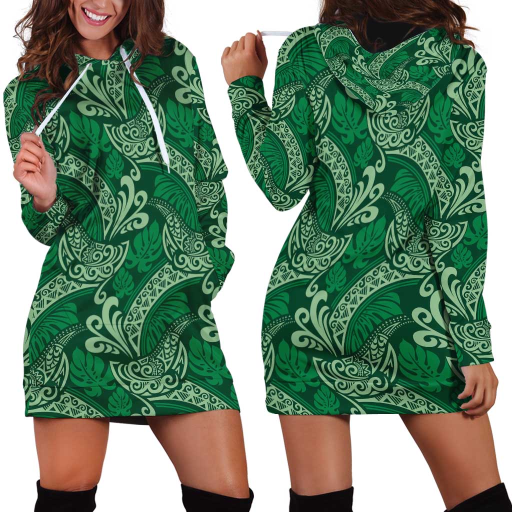 Forest Green Monstera Hoodie Dress Polynesian Tribal Pattern - Polynesian Pride