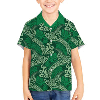 Forest Green Monstera Kid Hawaiian Shirt Polynesian Tribal Pattern - Polynesian Pride