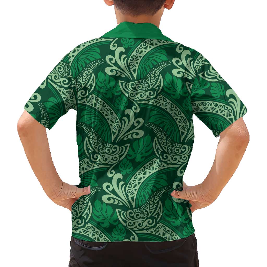 Forest Green Monstera Kid Hawaiian Shirt Polynesian Tribal Pattern - Polynesian Pride