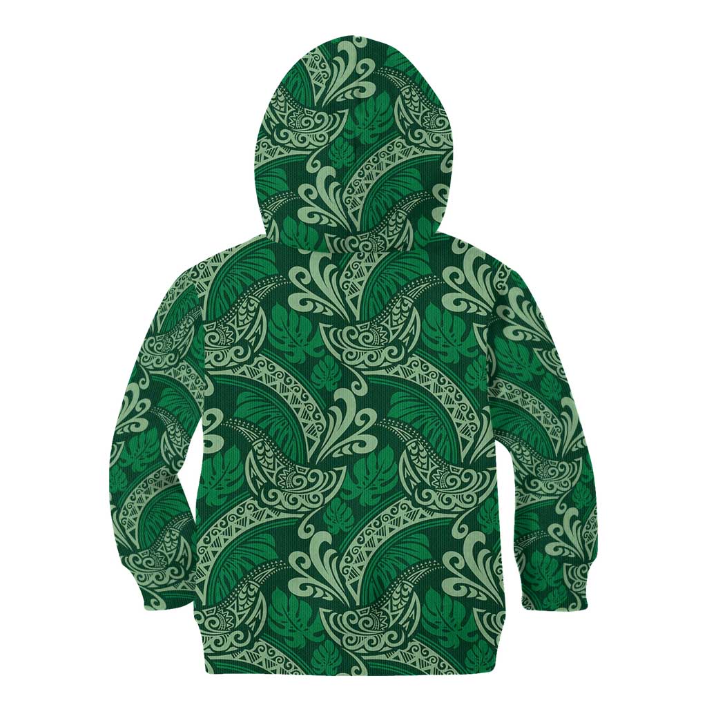Forest Green Monstera Kid Hoodie Polynesian Tribal Pattern - Polynesian Pride