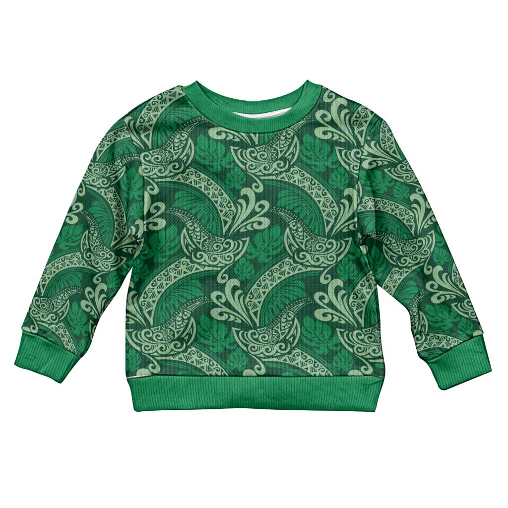 Forest Green Monstera Kid Ugly Christmas Sweater Polynesian Tribal Pattern - Polynesian Pride