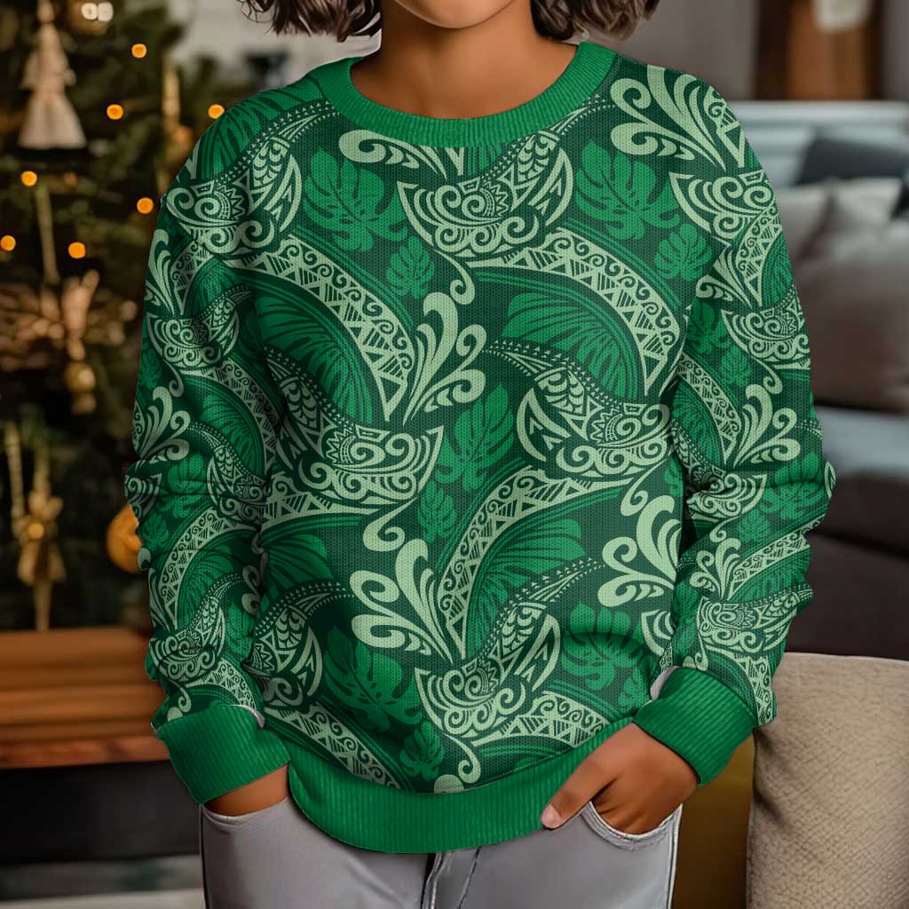 Forest Green Monstera Kid Ugly Christmas Sweater Polynesian Tribal Pattern - Polynesian Pride