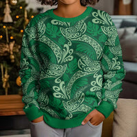 Forest Green Monstera Kid Ugly Christmas Sweater Polynesian Tribal Pattern - Polynesian Pride