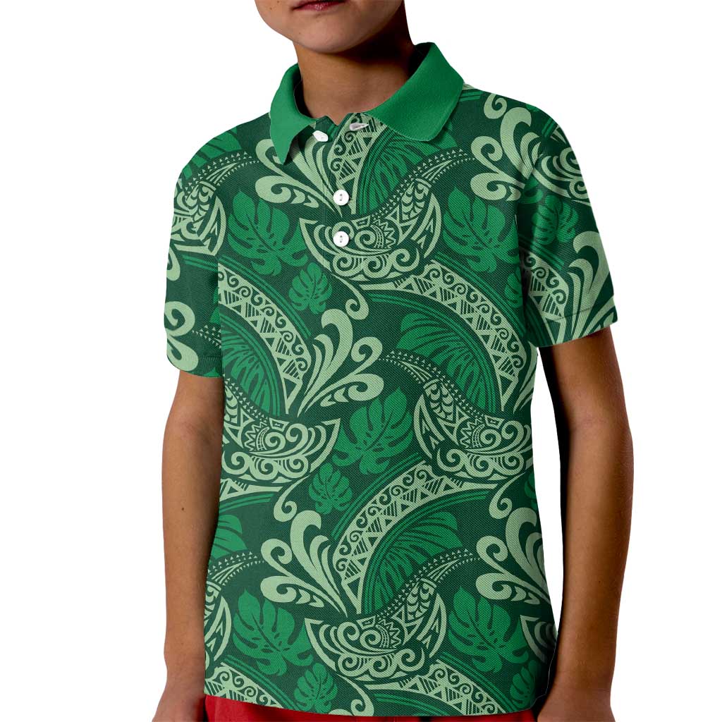 Forest Green Monstera Kid Polo Shirt Polynesian Tribal Pattern - Polynesian Pride