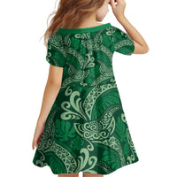 Forest Green Monstera Kid Short Sleeve Dress Polynesian Tribal Pattern - Polynesian Pride