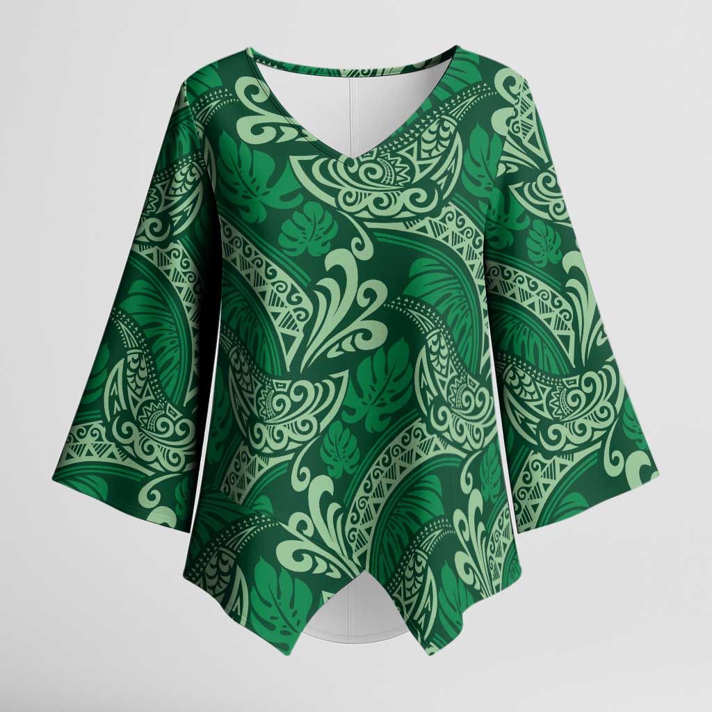 Forest Green Monstera Kimono Sleeve Blouse Polynesian Tribal Pattern - Polynesian Pride