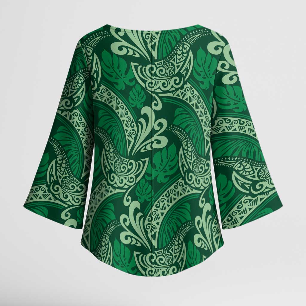 Forest Green Monstera Kimono Sleeve Blouse Polynesian Tribal Pattern - Polynesian Pride