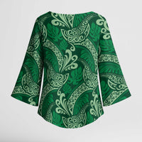 Forest Green Monstera Kimono Sleeve Blouse Polynesian Tribal Pattern - Polynesian Pride