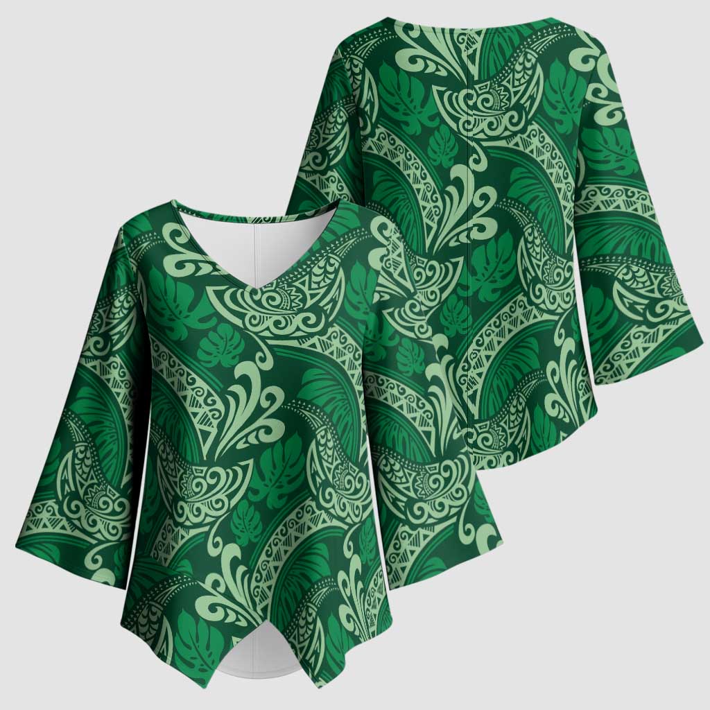 Forest Green Monstera Kimono Sleeve Blouse Polynesian Tribal Pattern - Polynesian Pride
