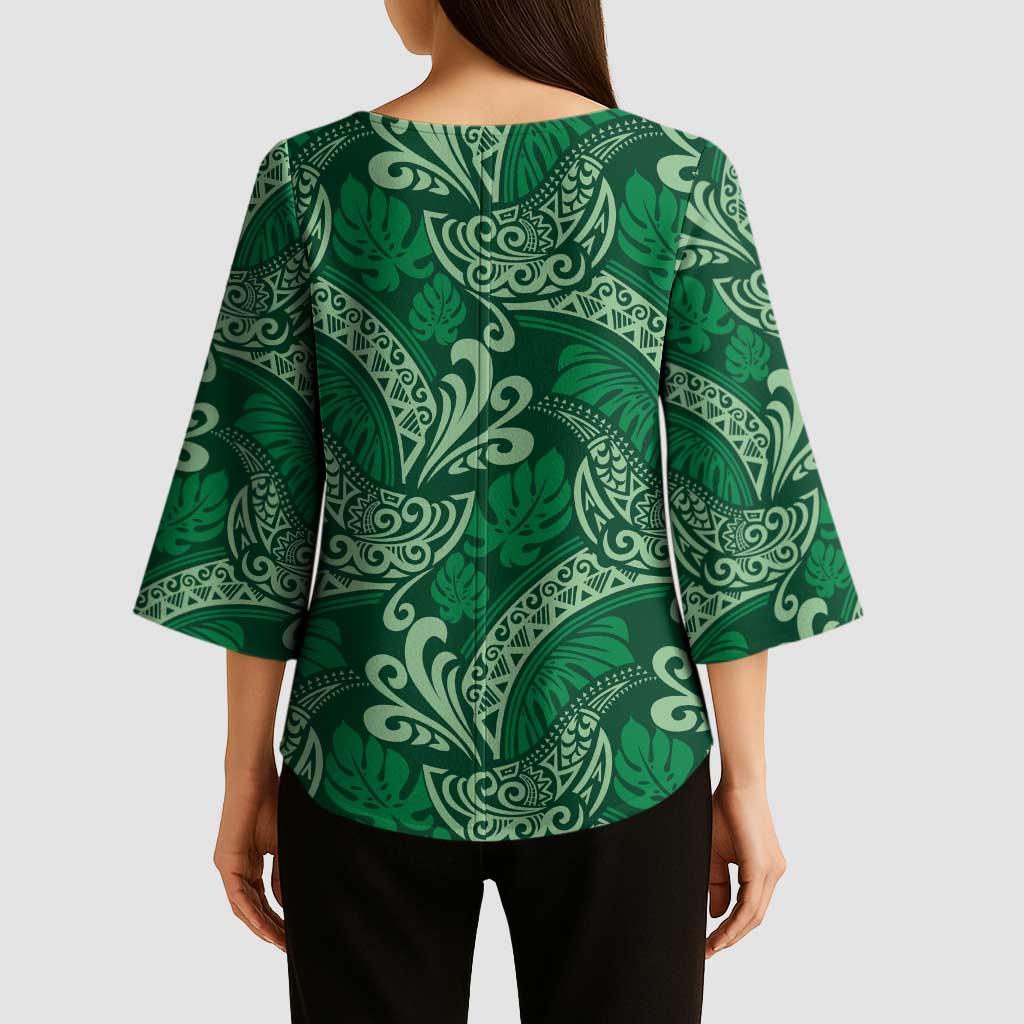 Forest Green Monstera Kimono Sleeve Blouse Polynesian Tribal Pattern - Polynesian Pride