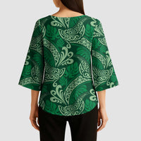 Forest Green Monstera Kimono Sleeve Blouse Polynesian Tribal Pattern - Polynesian Pride