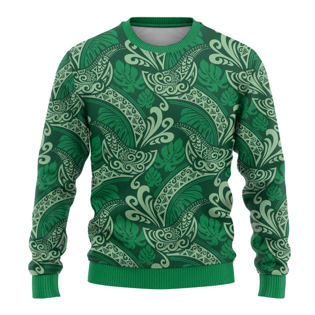 Forest Green Monstera Ugly Christmas Sweater Polynesian Tribal Pattern - Polynesian Pride
