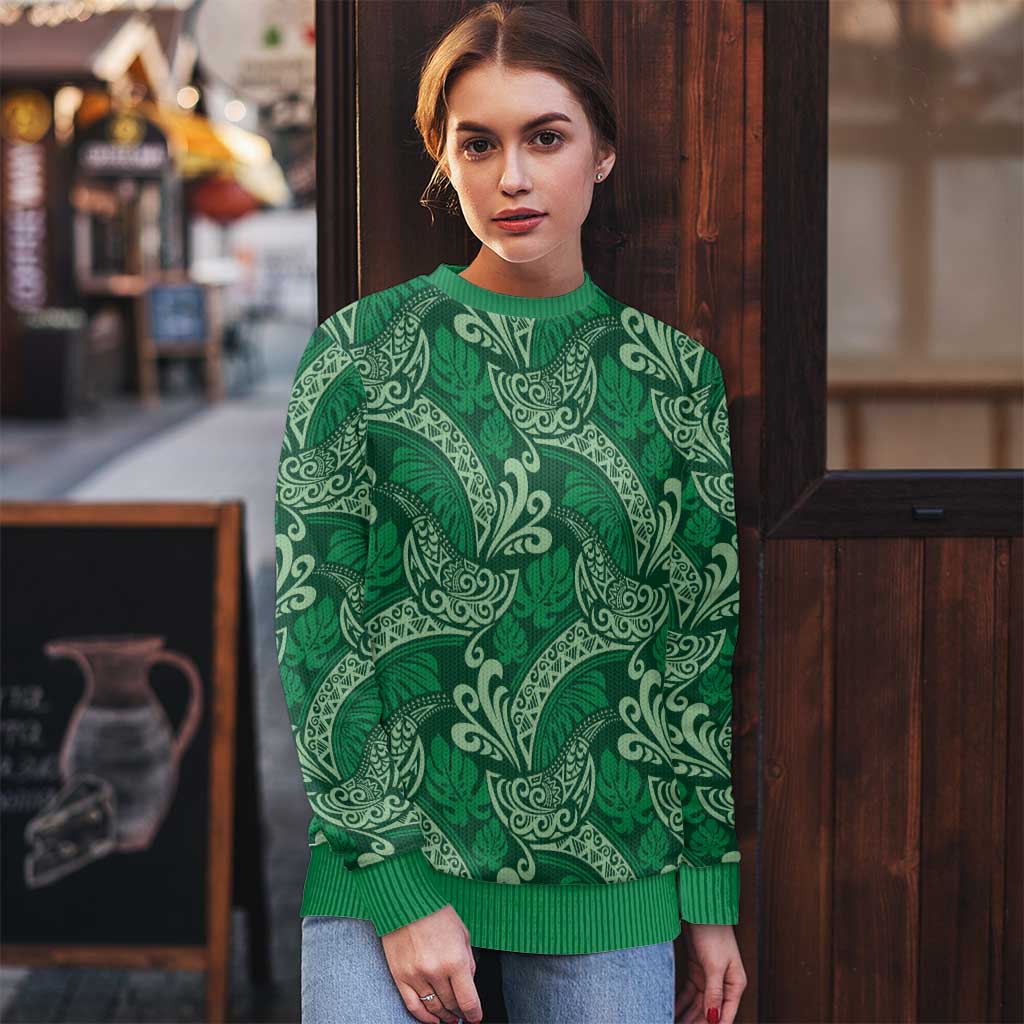 Forest Green Monstera Ugly Christmas Sweater Polynesian Tribal Pattern - Polynesian Pride