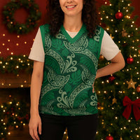 Forest Green Monstera Christmas Knitted V-Neck Vest Polynesian Tribal Pattern - Polynesian Pride