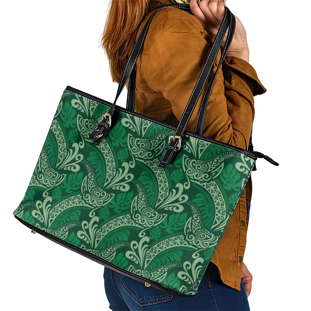 Forest Green Monstera Leather Tote Bag Polynesian Tribal Pattern - Polynesian Pride