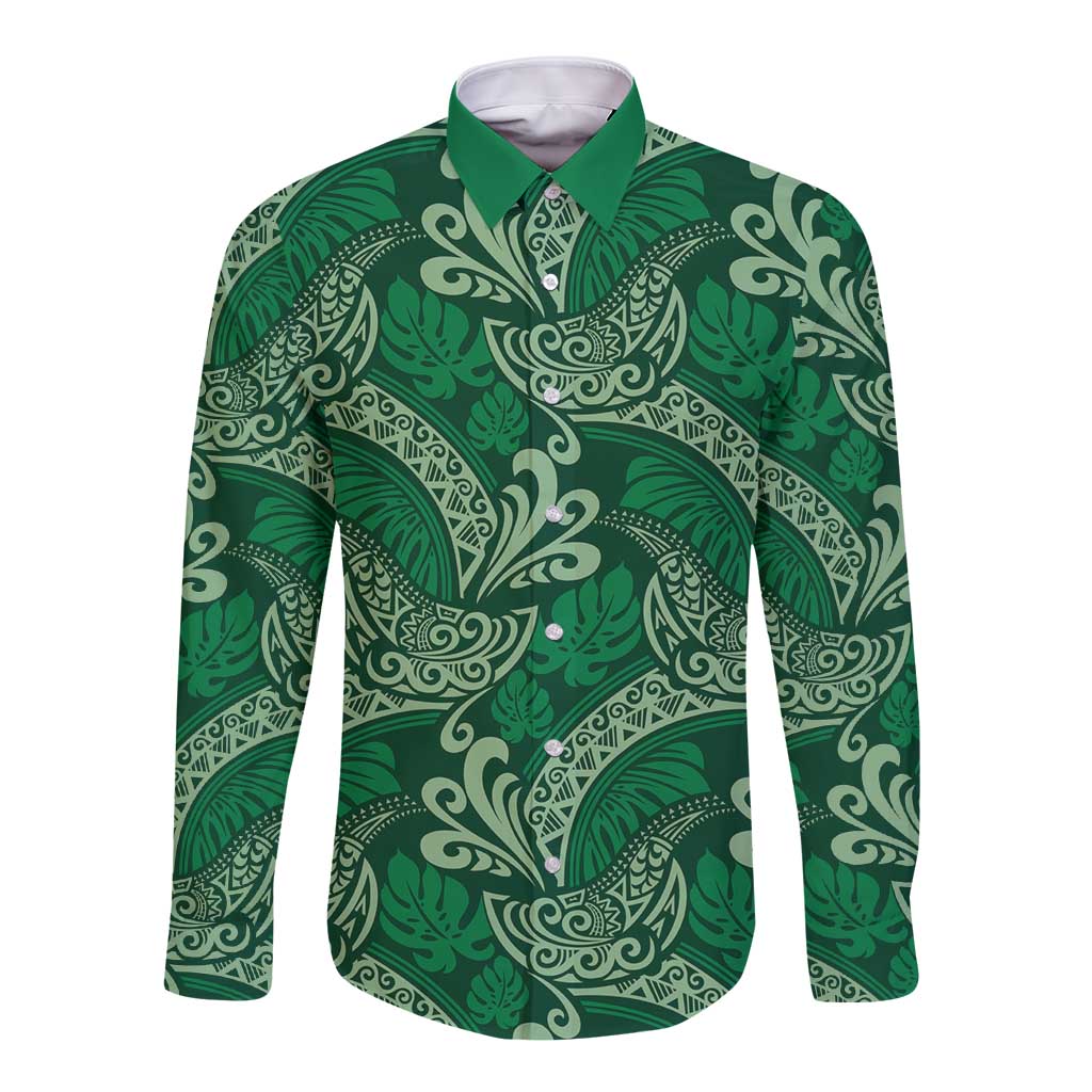 Forest Green Monstera Long Sleeve Button Shirt Polynesian Tribal Pattern - Polynesian Pride