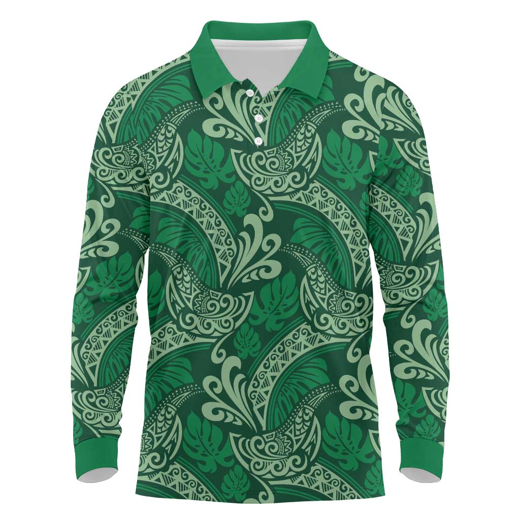 Forest Green Monstera Long Sleeve Polo Shirt Polynesian Tribal Pattern - Polynesian Pride