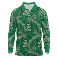 Forest Green Monstera Long Sleeve Polo Shirt Polynesian Tribal Pattern - Polynesian Pride