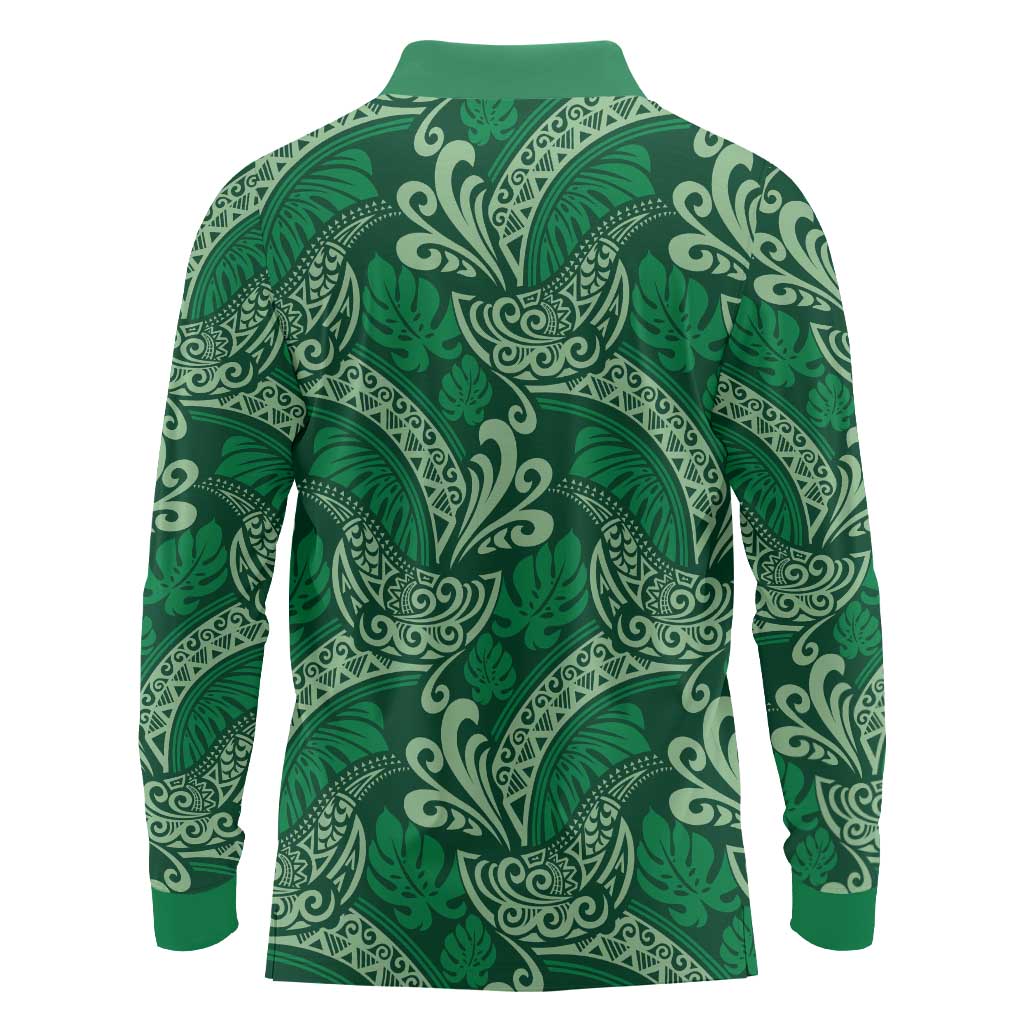 Forest Green Monstera Long Sleeve Polo Shirt Polynesian Tribal Pattern - Polynesian Pride
