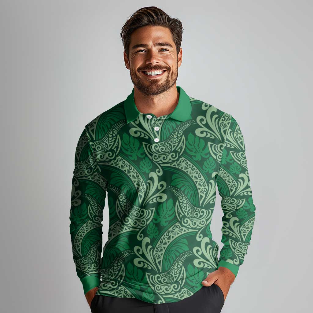 Forest Green Monstera Long Sleeve Polo Shirt Polynesian Tribal Pattern - Polynesian Pride