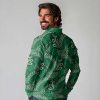 Forest Green Monstera Long Sleeve Polo Shirt Polynesian Tribal Pattern - Polynesian Pride
