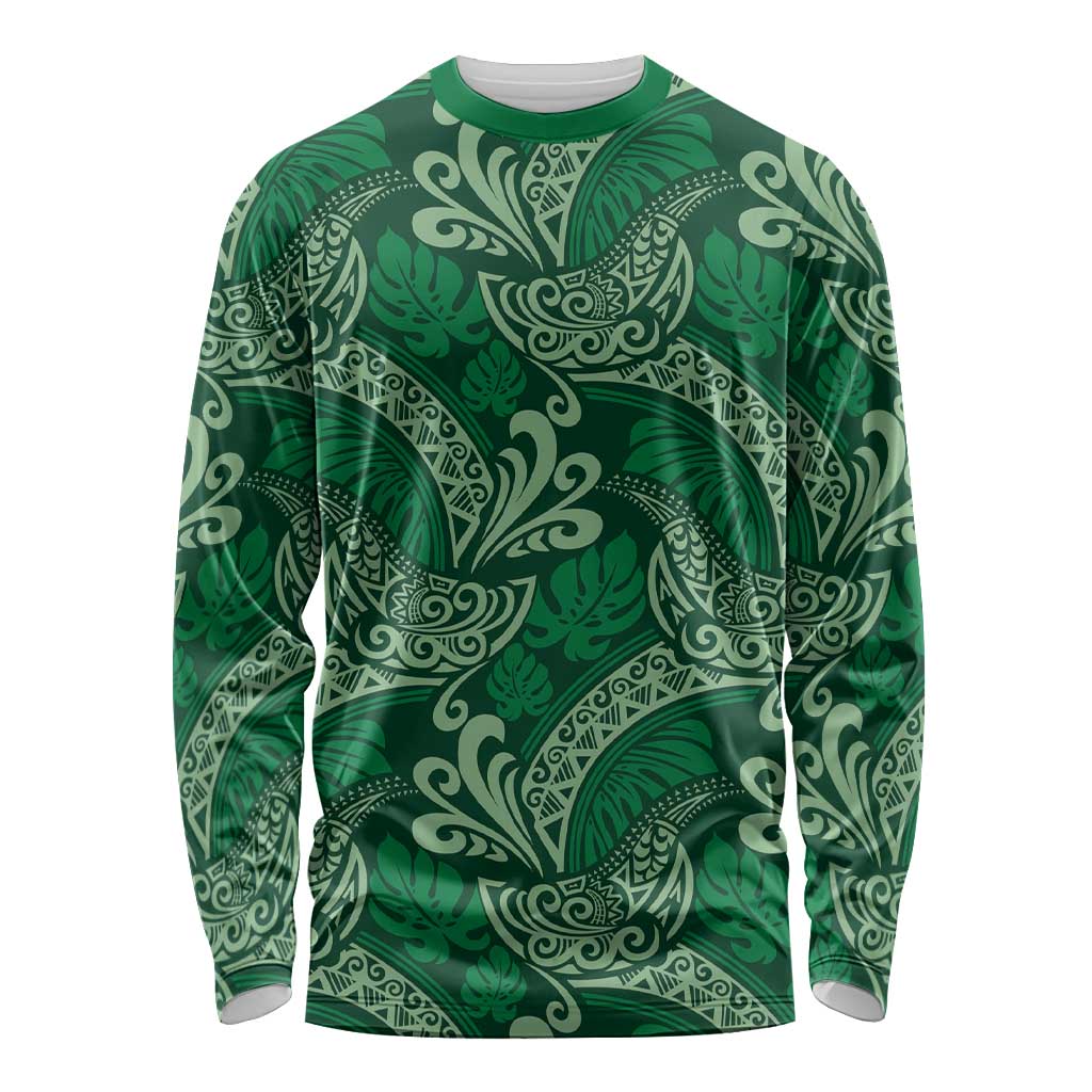 Forest Green Monstera Long Sleeve Shirt Polynesian Tribal Pattern - Polynesian Pride