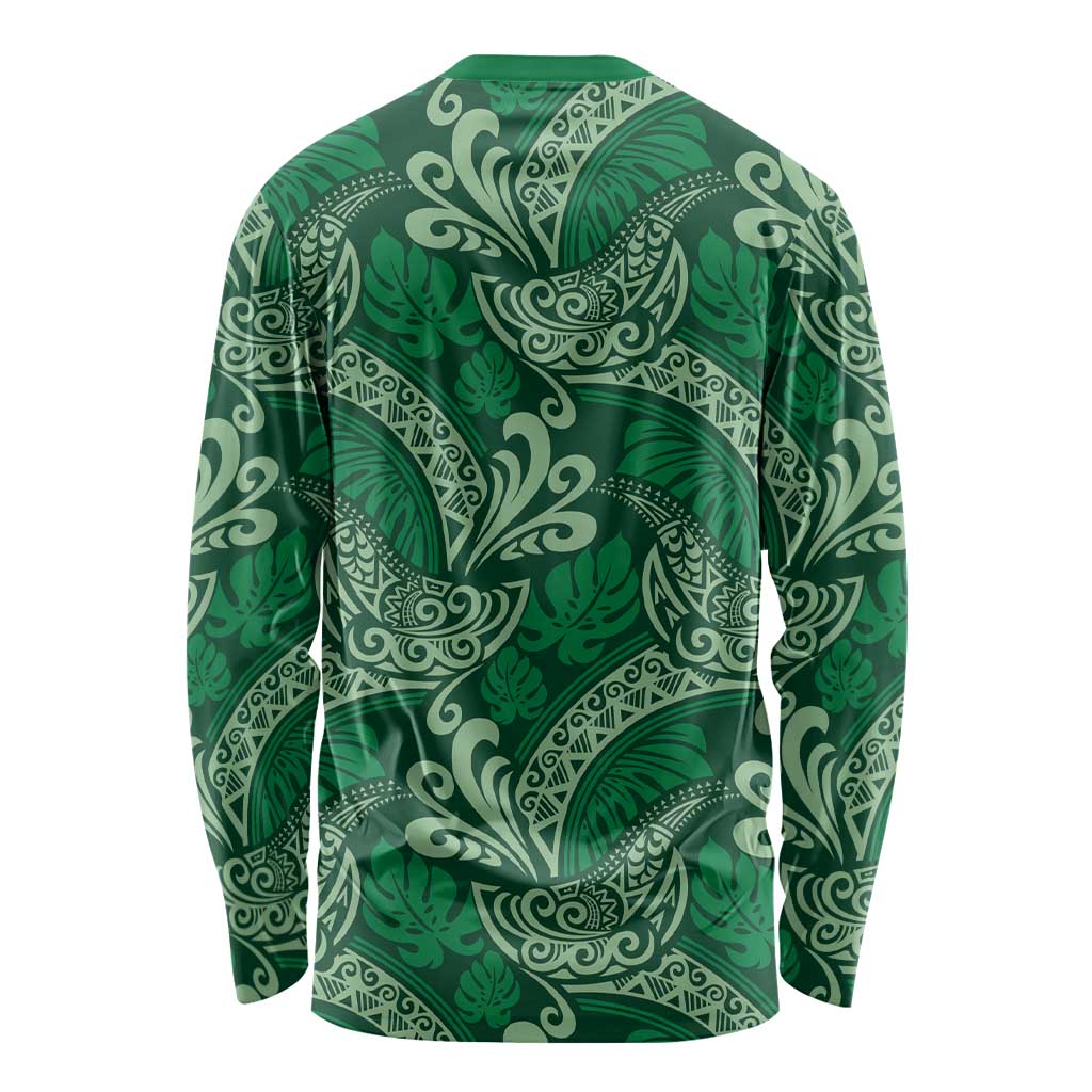 Forest Green Monstera Long Sleeve Shirt Polynesian Tribal Pattern - Polynesian Pride